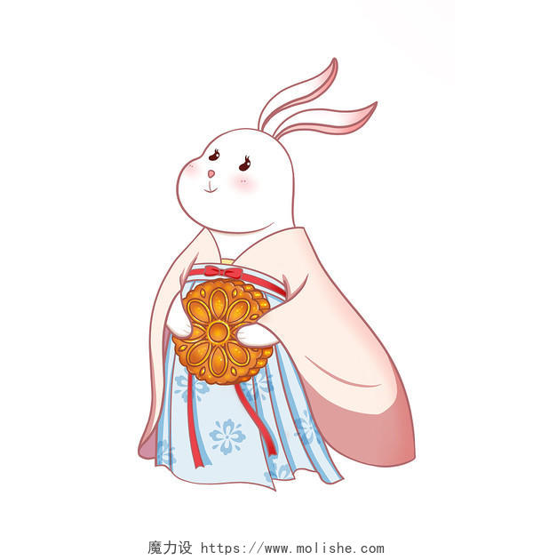 彩色手绘卡通古风汉服兔子玉兔月饼中秋节元素PNG素材